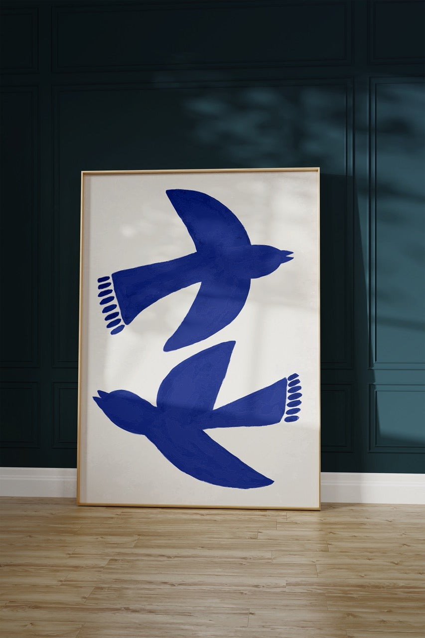 Mavi Kuşlar İllüstrasyon Çerçevesiz Poster