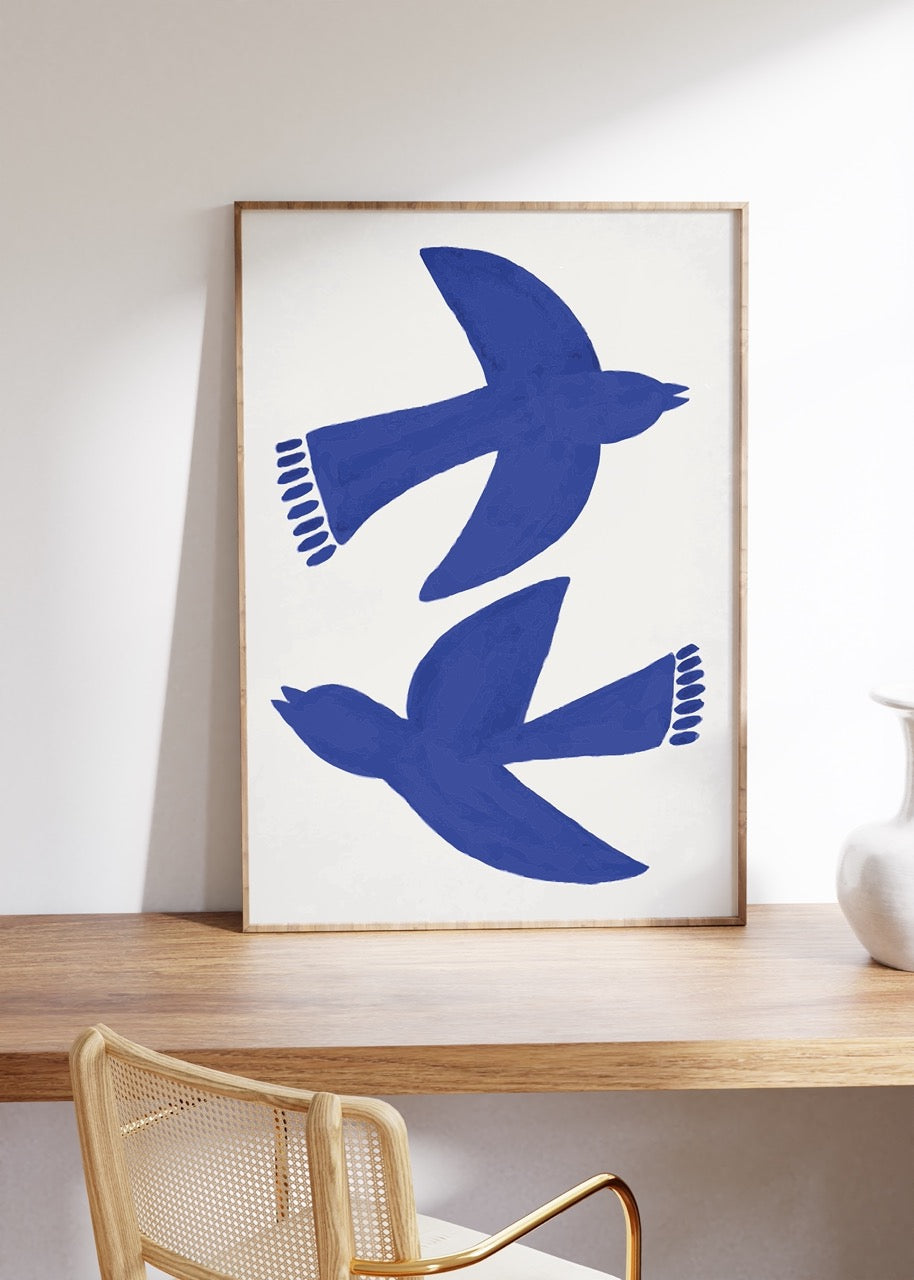 Mavi Kuşlar İllüstrasyon Çerçevesiz Poster