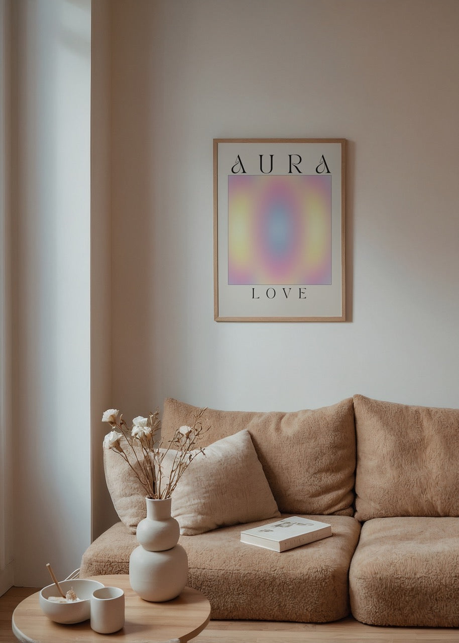 Aura Love poster baskısı, pastel renklerde soyut enerji formu ve estetik tipografi içeren modern duvar sanatı.