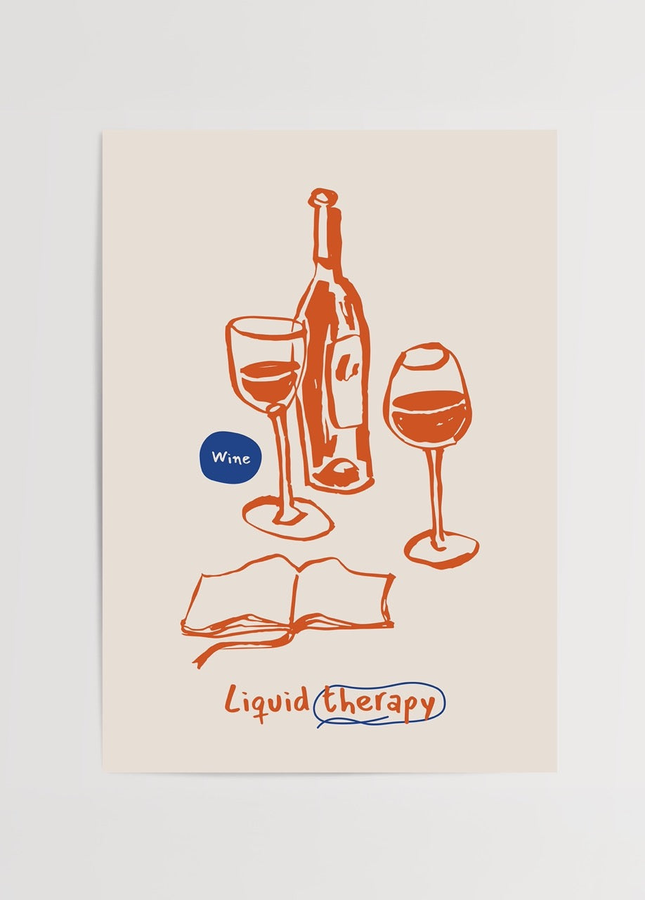 İki kadeh şarap, bir şarap şişesi ve açık bir kitap çizimiyle tasarlanmış, “Liquid Therapy” yazılı illüstratif poster baskısı.