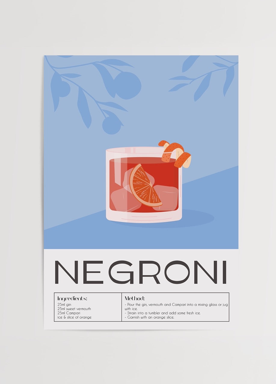 Negroni kokteyl tarifini içeren modern illüstrasyonlu içki posteri