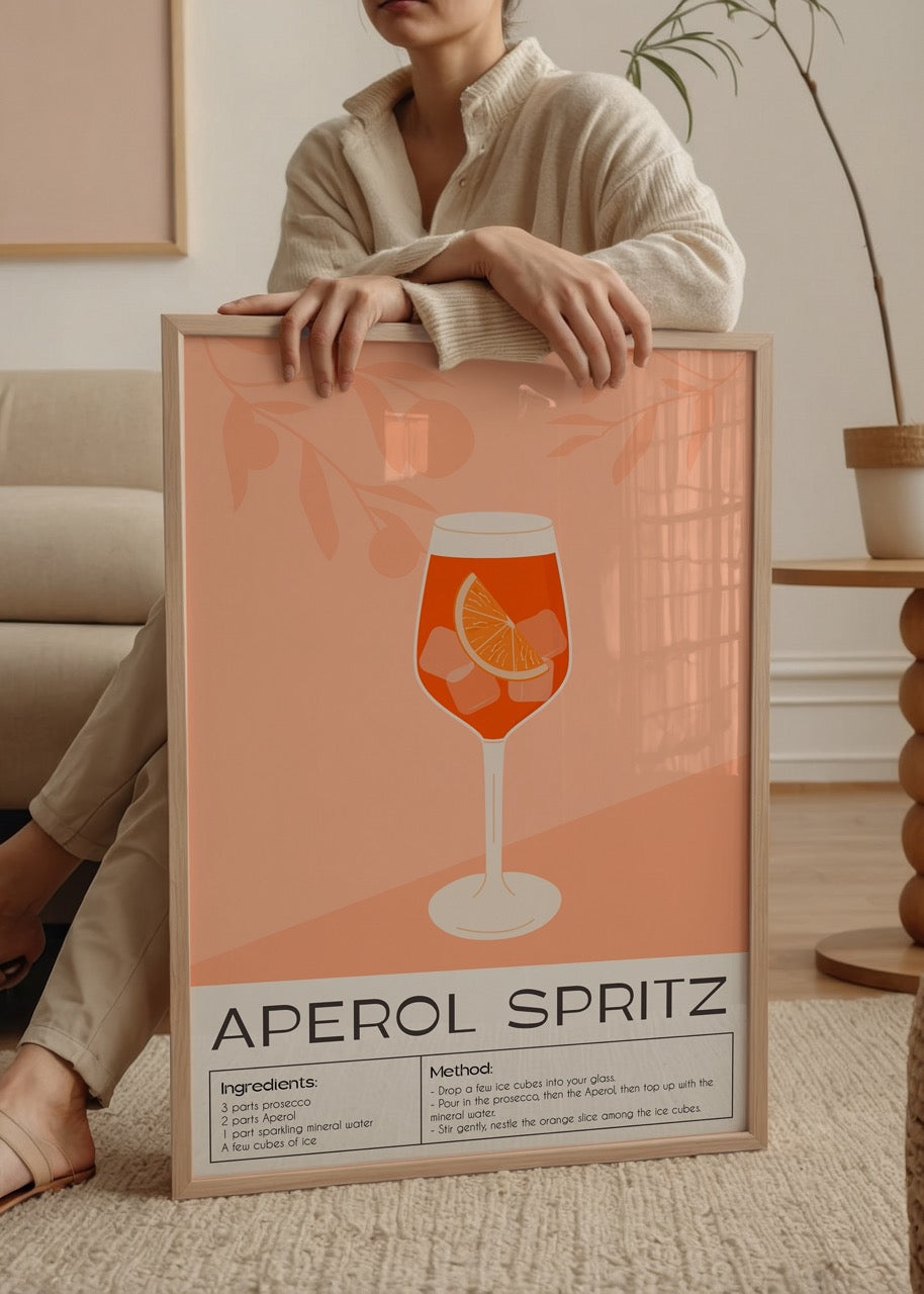 Aperol Spritz içkisi temalı illüstrasyon poster baskı, şeftali tonlarında tasarlanmış modern mutfak duvar dekorasyonu.