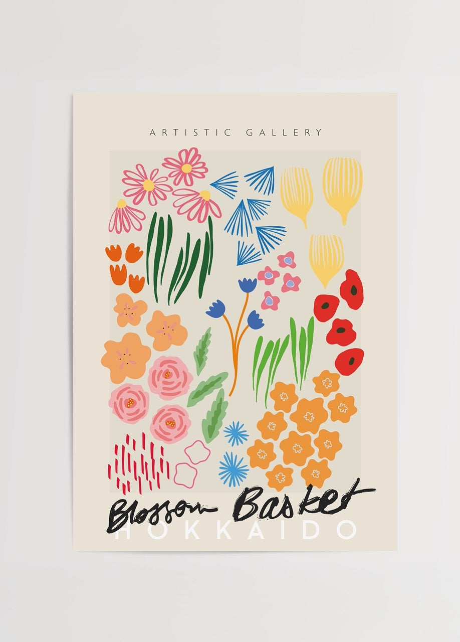 Renkli çiçek illüstrasyonlarından oluşan modern Blossom Basket Hokkaido posteri