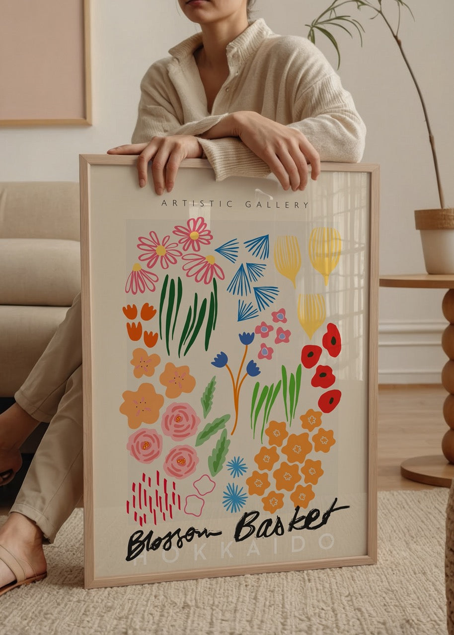 Renkli çiçek illüstrasyonlarından oluşan modern Blossom Basket Hokkaido posteri