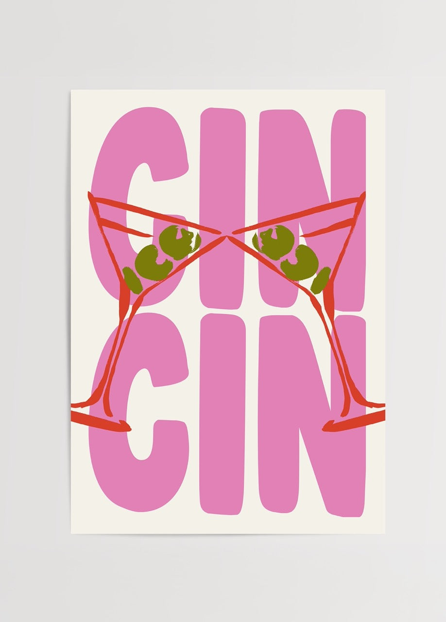 Zeytinli iki martini bardağının ortasında “CIN CIN” yazılı, renkli tipografik kutlama posteri
