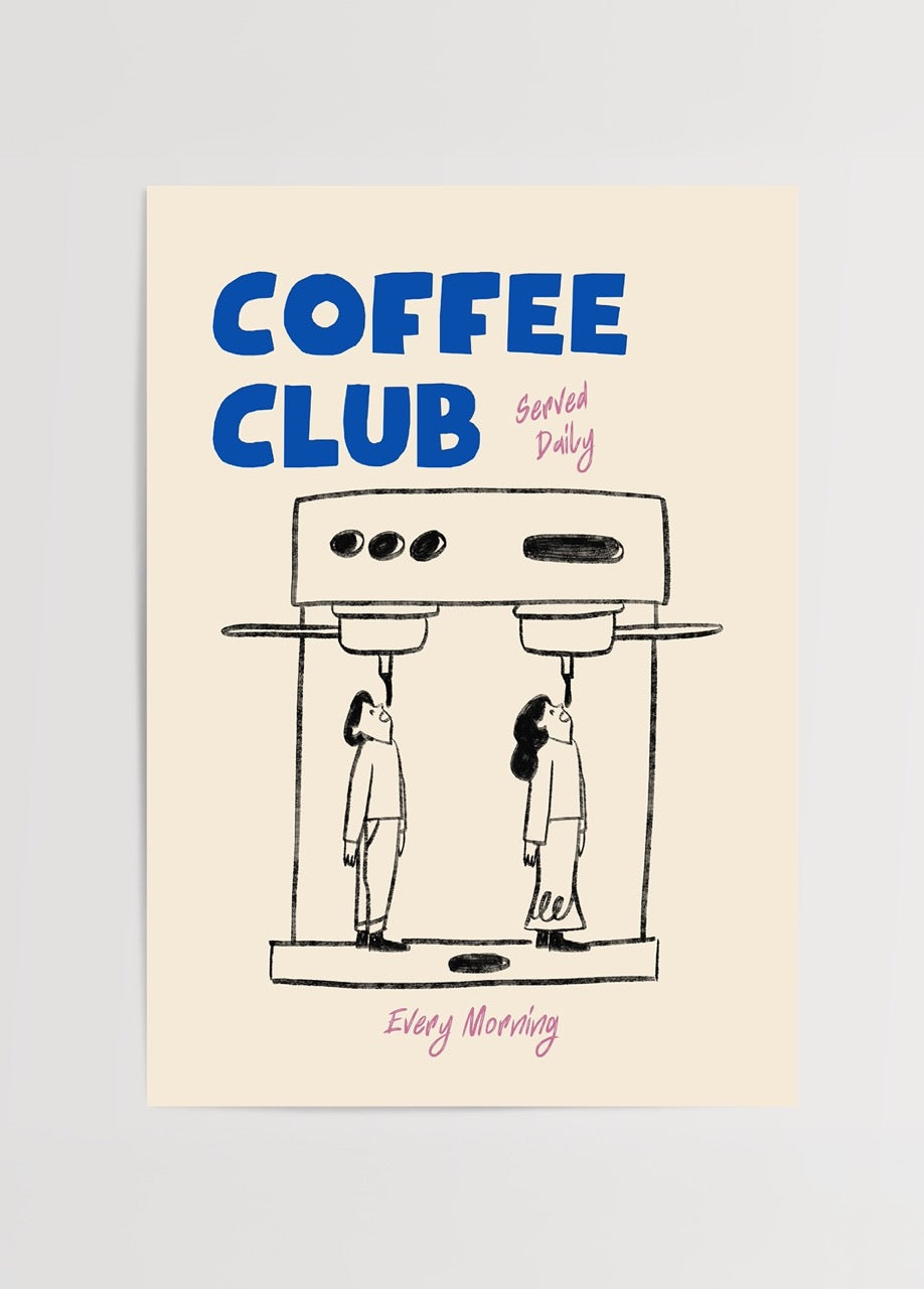 “Coffee Club” yazılı, kahve makinesinden kahve yerine insan figürlerinin servis edildiği, mizahi ve yaratıcı illüstrasyon tasarımı