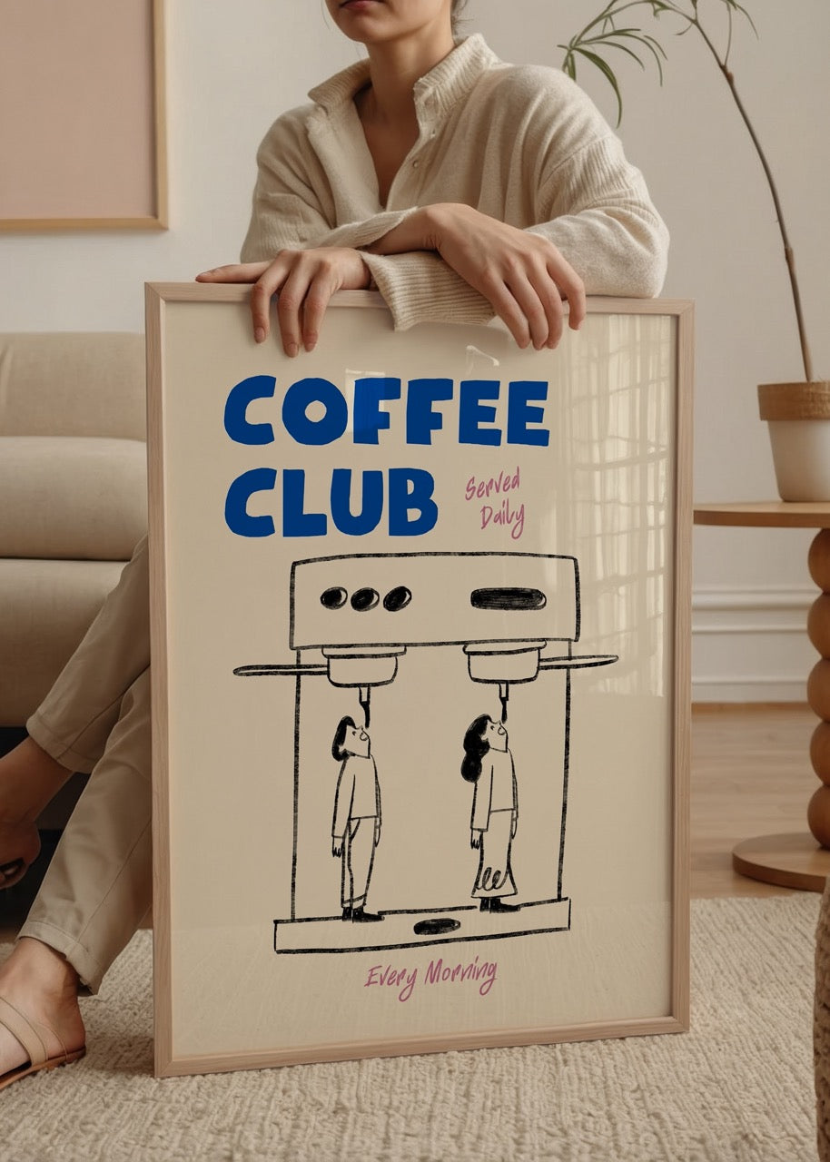 “Coffee Club” yazılı, kahve makinesinden kahve yerine insan figürlerinin servis edildiği, mizahi ve yaratıcı illüstrasyon tasarımı