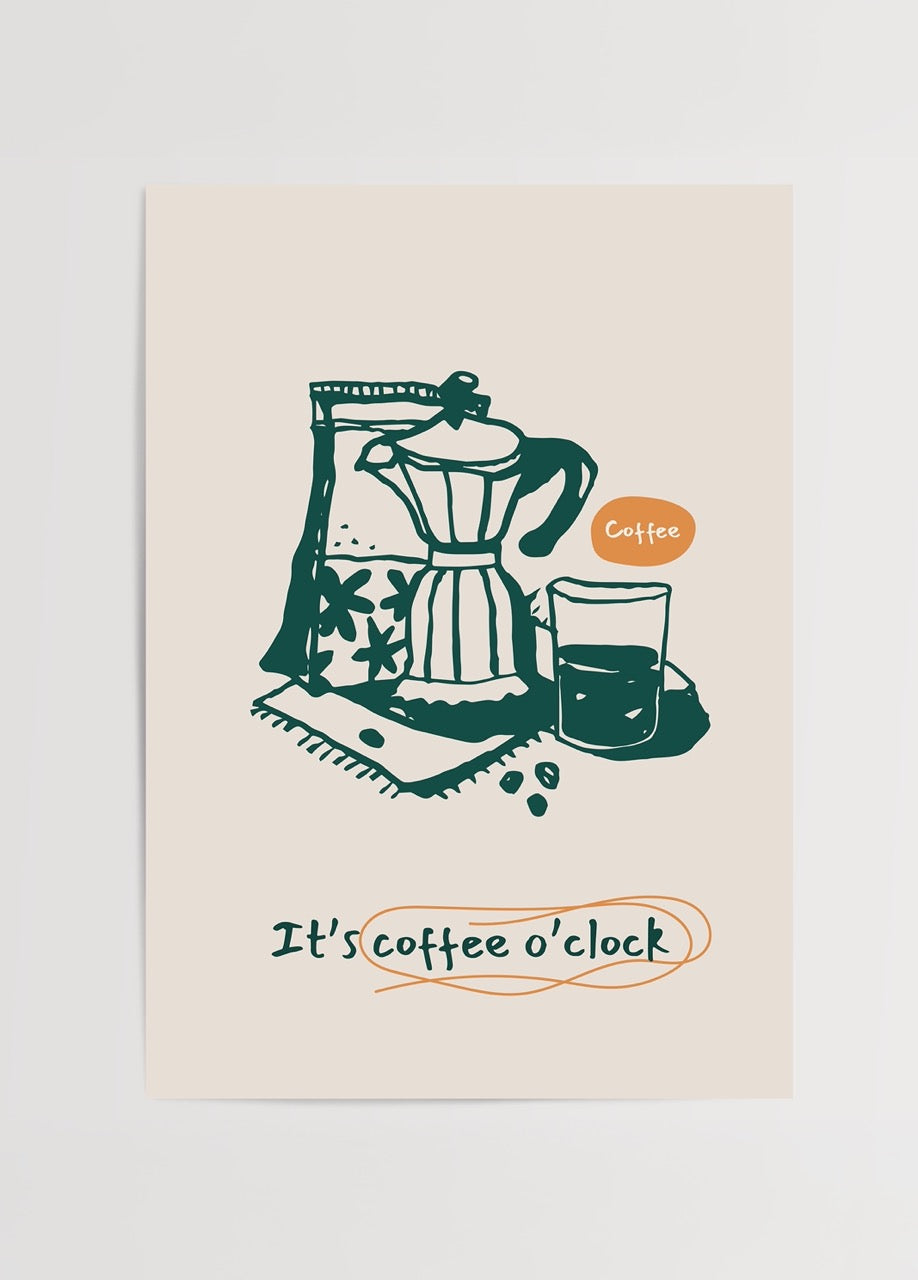 Coffee O’Clock Poster Baskı – Moka Pot ve Kahve İllüstrasyonu