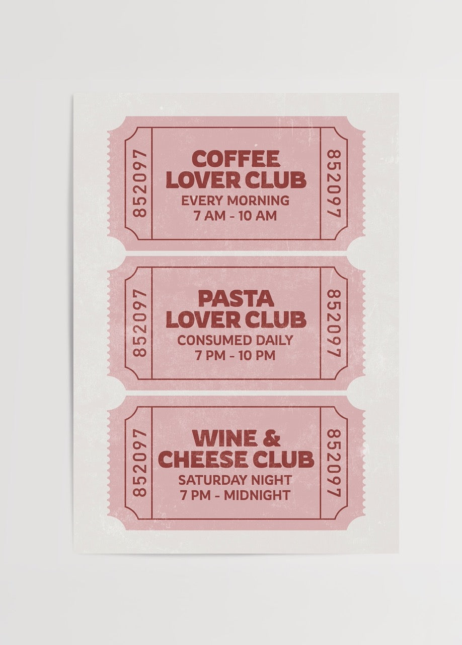 Coffee Lover, Pasta Lover ve Wine &amp; Cheese Club temalarını barındıran retro bilet şeklinde tasarlanmış, mizahi mutfak posteri