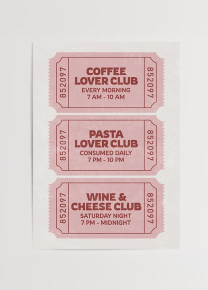 Coffee Lover, Pasta Lover ve Wine &amp; Cheese Club temalarını barındıran retro bilet şeklinde tasarlanmış, mizahi mutfak posteri