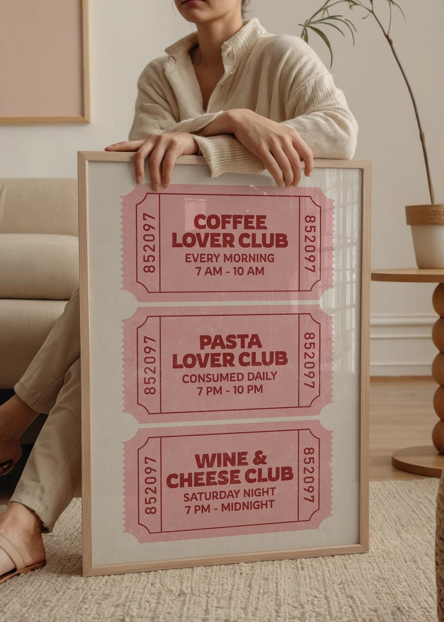 Coffee Lover, Pasta Lover ve Wine &amp; Cheese Club temalarını barındıran retro bilet şeklinde tasarlanmış, mizahi mutfak posteri
