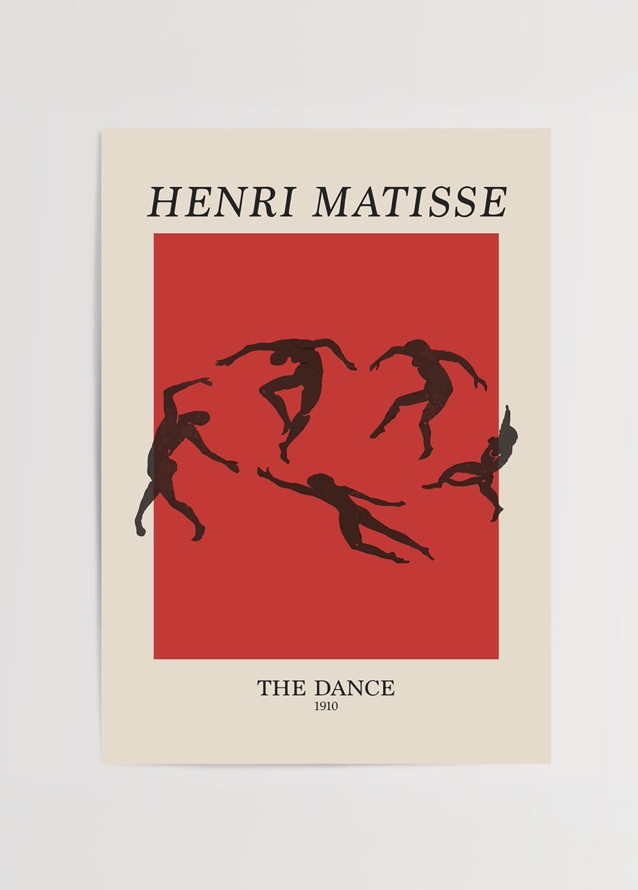 Henri Matisse’in The Dance (1910) tablosundan ilhamla hazırlanmış modern sanat poster baskı, kırmızı zemin üzerinde siyah dans eden figürlerle tasarlanmıştır.