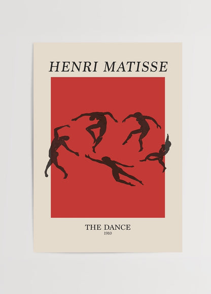 Henri Matisse’in The Dance (1910) tablosundan ilhamla hazırlanmış modern sanat poster baskı, kırmızı zemin üzerinde siyah dans eden figürlerle tasarlanmıştır.