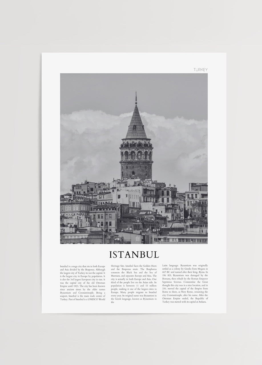 Galata Kulesi’nin siyah beyaz fotoğrafı ile tasarlanmış İstanbul şehir posteri