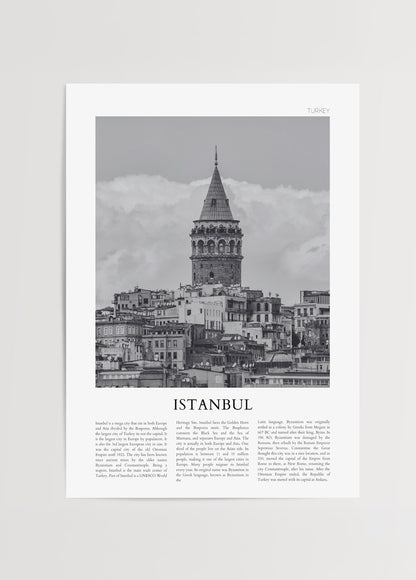 Galata Kulesi’nin siyah beyaz fotoğrafı ile tasarlanmış İstanbul şehir posteri