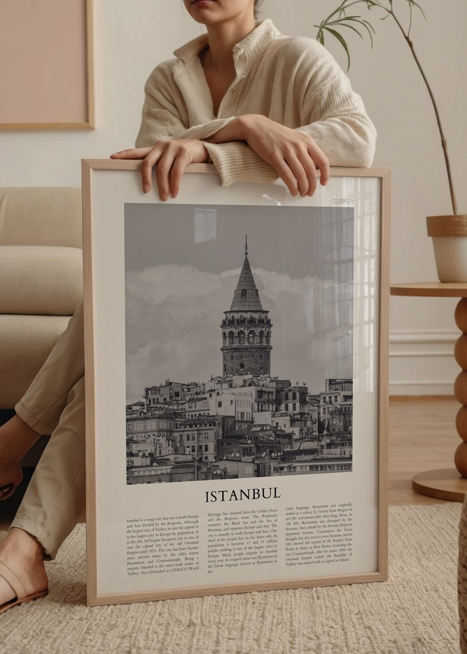 Galata Kulesi’nin siyah beyaz fotoğrafı ile tasarlanmış İstanbul şehir posteri