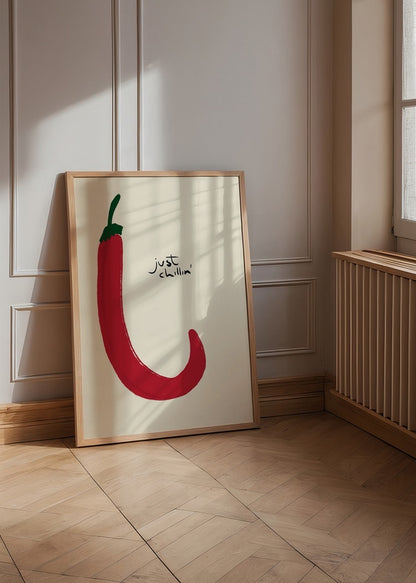 Kırmızı biber illüstrasyonu ve “just chillin’” yazısı içeren minimal, mizahi mutfak posteri