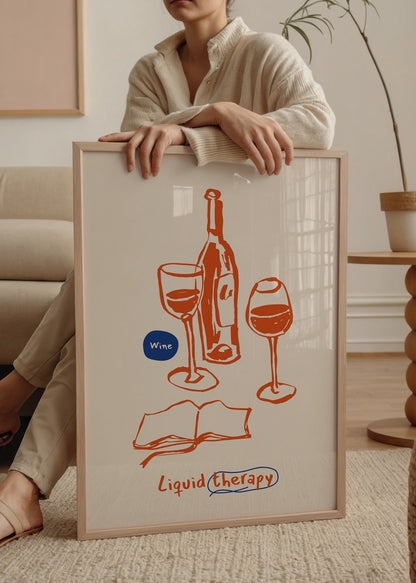 İki kadeh şarap, bir şarap şişesi ve açık bir kitap çizimiyle tasarlanmış, “Liquid Therapy” yazılı illüstratif poster baskısı.