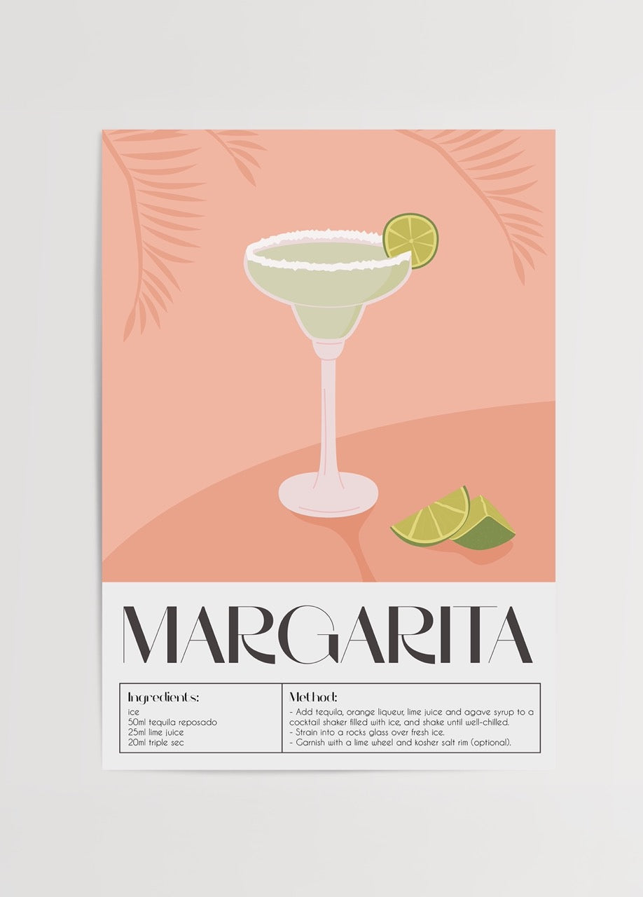 Margarita içkisini tarif eden şık, pembe zeminli minimal illüstrasyon poster