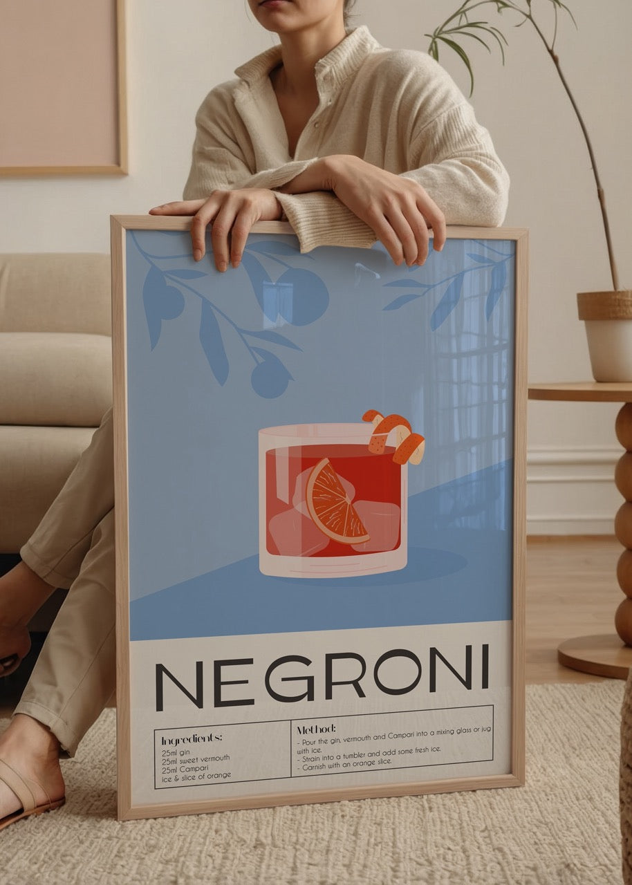 Negroni kokteyl tarifini içeren modern illüstrasyonlu içki posteri