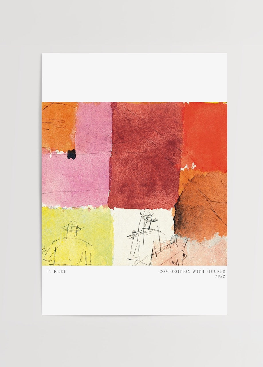 Paul Klee’nin “Composition with Figures” (1932) adlı renkli bloklar ve figürlerle bezeli soyut sanat posteri